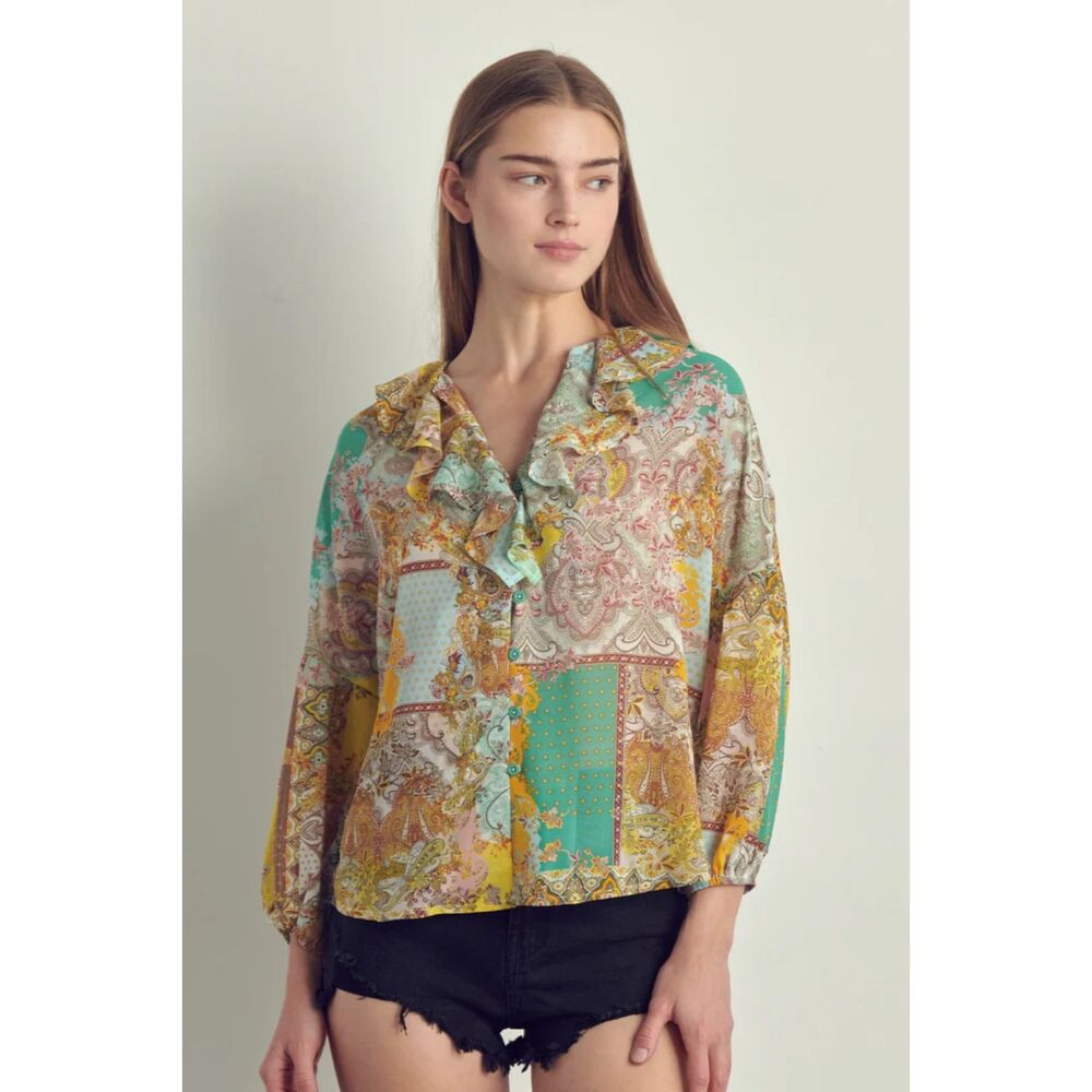 Ruffle Neck Button Long Sleeve in Chiffon - Picture 2 of 5